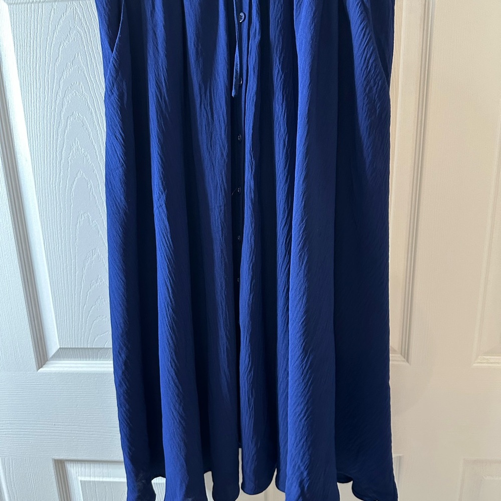 Women’s Torrid elegant Navy Blue Midi Dress button front SZ 0 (12) L draw string - Picture 4 of 12